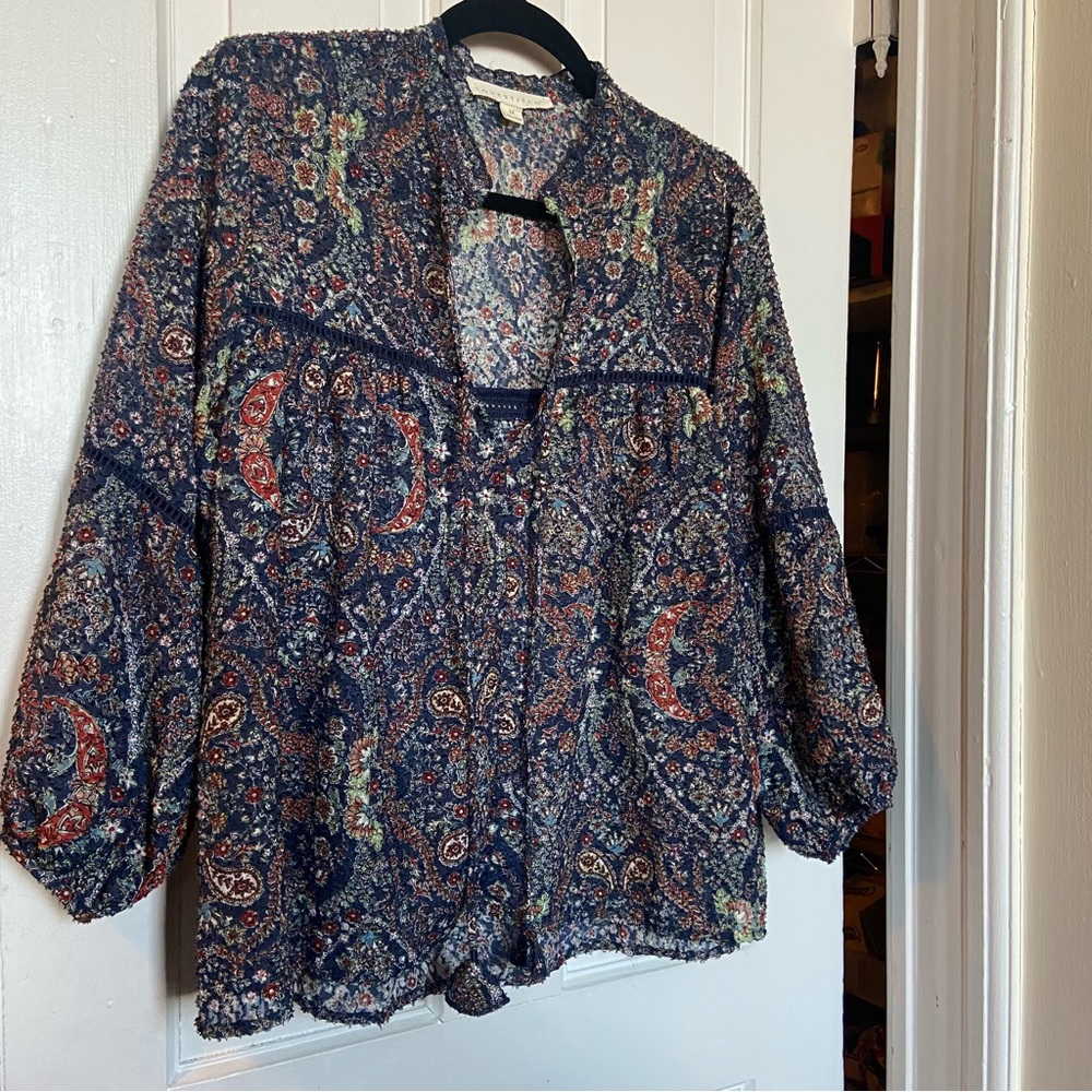 Lovestitch Women Size M Navy Blue Paisley Tunic Top Blouse Eyelet Lace Trim